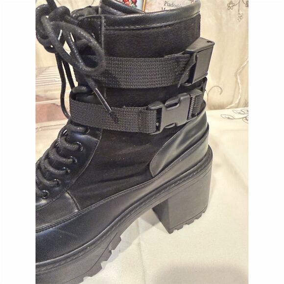 French connection  Women's Black Chunky Platform Boots Size 9 Lace & Buckle - Picture 10 of 12